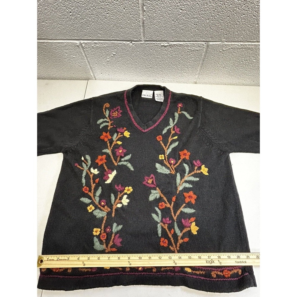 Vintage Bobbie Brooks Floral Embroidered Sweater Felted Black Lg Cottagecore E2‎